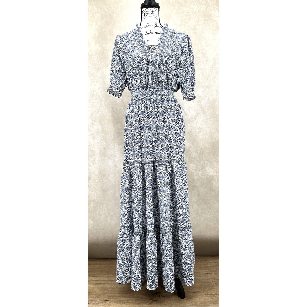 Max Studio Smocked Waist Maxi Dress Size Medium Boho Floral Tiered Peasant NWT